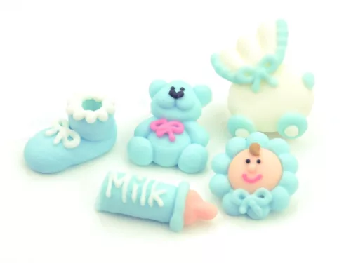 Cake-Masters keresztelő szett kék cukorból, 5 elemes babadísz tortára