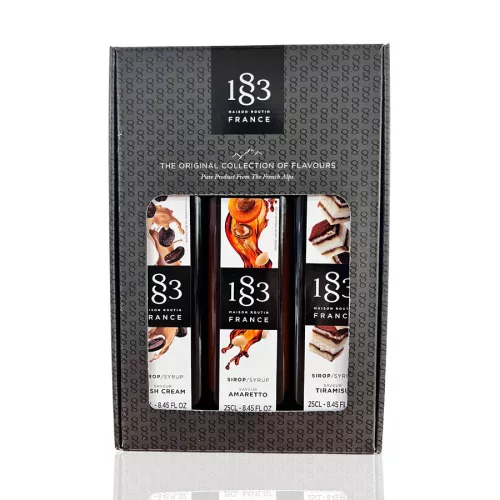 1883 Díszdobozos Ajándékszett 3X25cl (Mogyoró szirup, Amaretto szirup, Sóskaramell szirup)