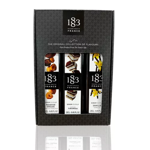 1883 Díszdobozos Kávés szett 3X0,25l (Amaretto szirup, Sóskaramell szirup, Tiramisu szirup)