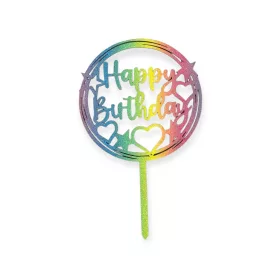   Tortadísz beszúró, Happy Birthday, csillámporral, kör, színes, 17,5cm