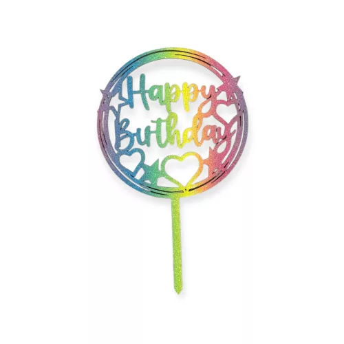 Tortadísz beszúró, Happy Birthday, csillámporral, kör, színes, 17,5cm