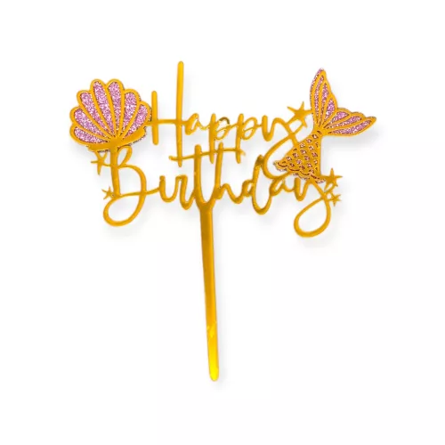 Tortadísz beszúró, Happy Birthday, hableány stílusban, pink