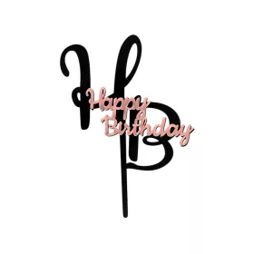 Tortadísz beszúró, Happy Birthday, sziluett, fekete-pink