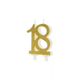 PartyDeco születésnapi glitter gyertya, 18, arany, 10cm