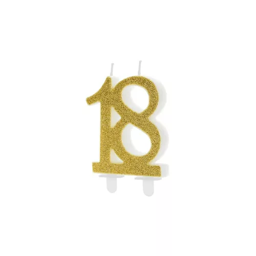 PartyDeco születésnapi glitter gyertya, 18, arany, 10cm