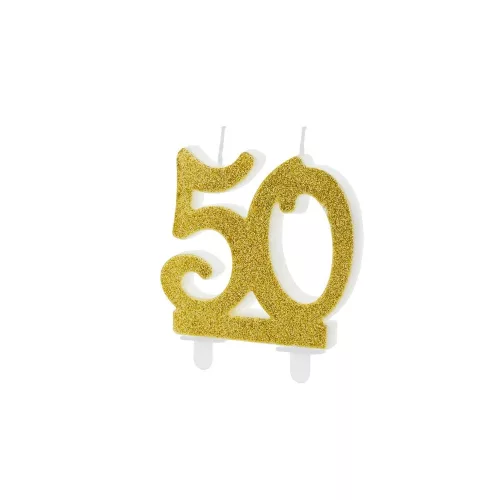 PartyDeco születésnapi glitter gyertya, 50, arany, 10cm