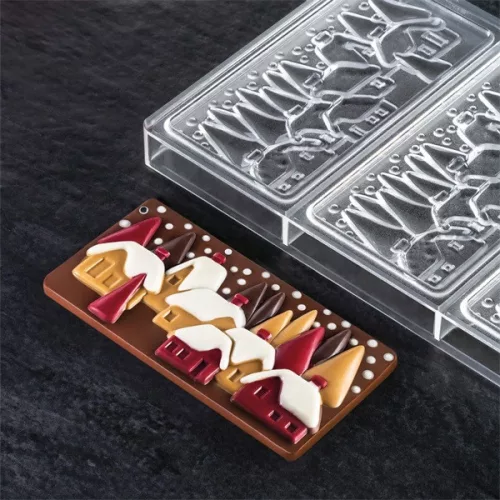 PAVONI XMAS VILLAGE, karácsonyi falu polikarbonát táblás csokoládé forma, 3 db, 15,4x7,7x1 cm