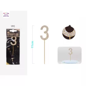Arany gyémánt, Swarovski, számjegy tortadísz, 3-as, 1 db