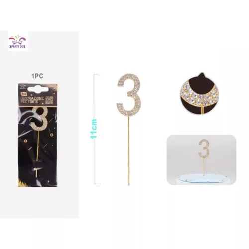 Arany gyémánt, Swarovski, számjegy tortadísz, 3-as, 1 db