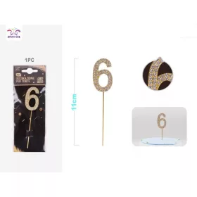 Arany gyémánt, Swarovski, számjegy tortadísz, 6-os, 1 db