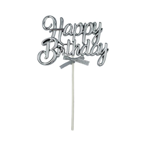 Torta beszúró, topper - Happy birthday (ezüst), műanyag