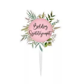   Sziluett beszúró, Boldog Születésnapot, zöld levéllel, rózsaszín