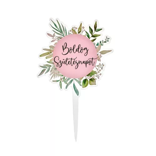 Sziluett beszúró, Boldog Születésnapot, zöld levéllel, rózsaszín