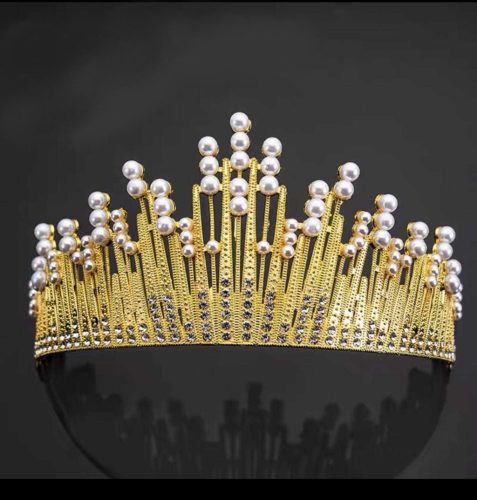 Tortadísz, korona, tiara gyöngyökkel, arany, 15cm