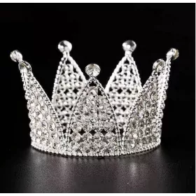 Tortadísz, korona, tiara kristályokkal, ezüst, 7,7cm