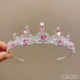   Tortadísz, korona, tiara rózsaszín kristályokkal, ezüst, 14 cm