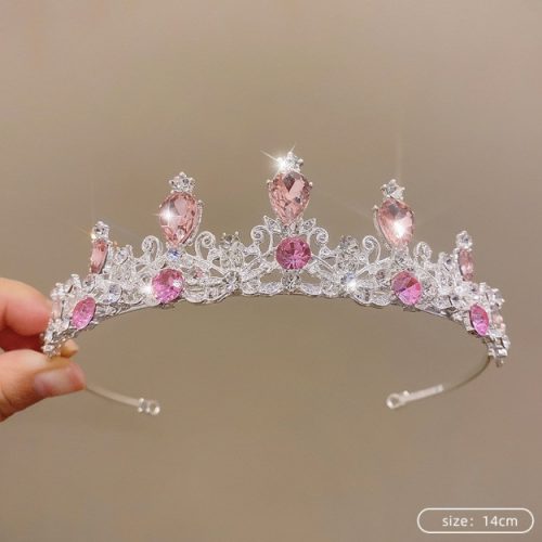 Tortadísz, korona, tiara rózsaszín kristályokkal, ezüst, 14 cm