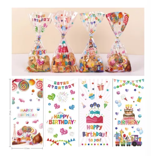 Sütemény zacskó, celofán, Happy Birthday, 12,5× 27cm, 12 db